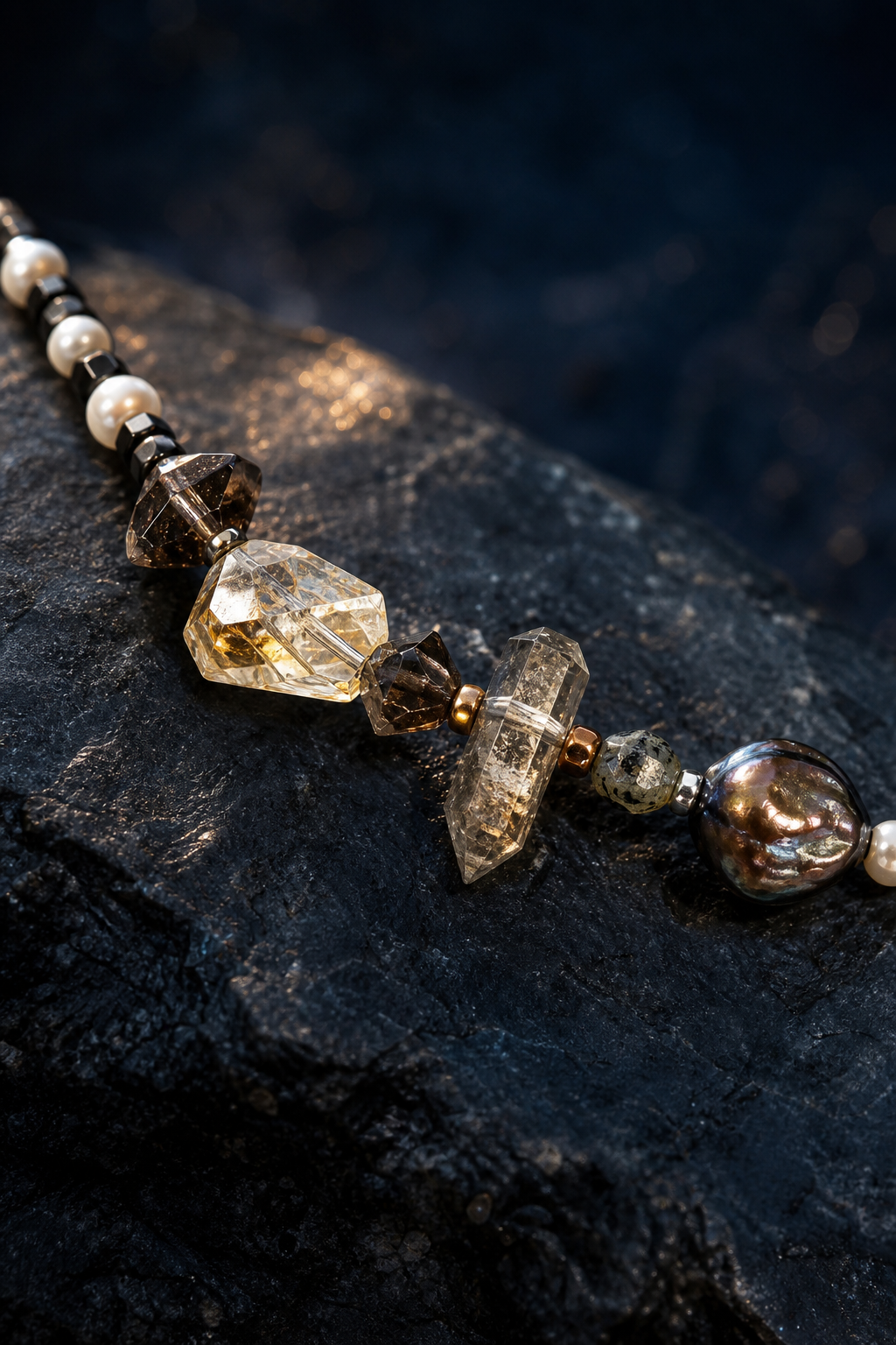 Smoked Moon Citrine Pearl Necklace crystal texture close-up