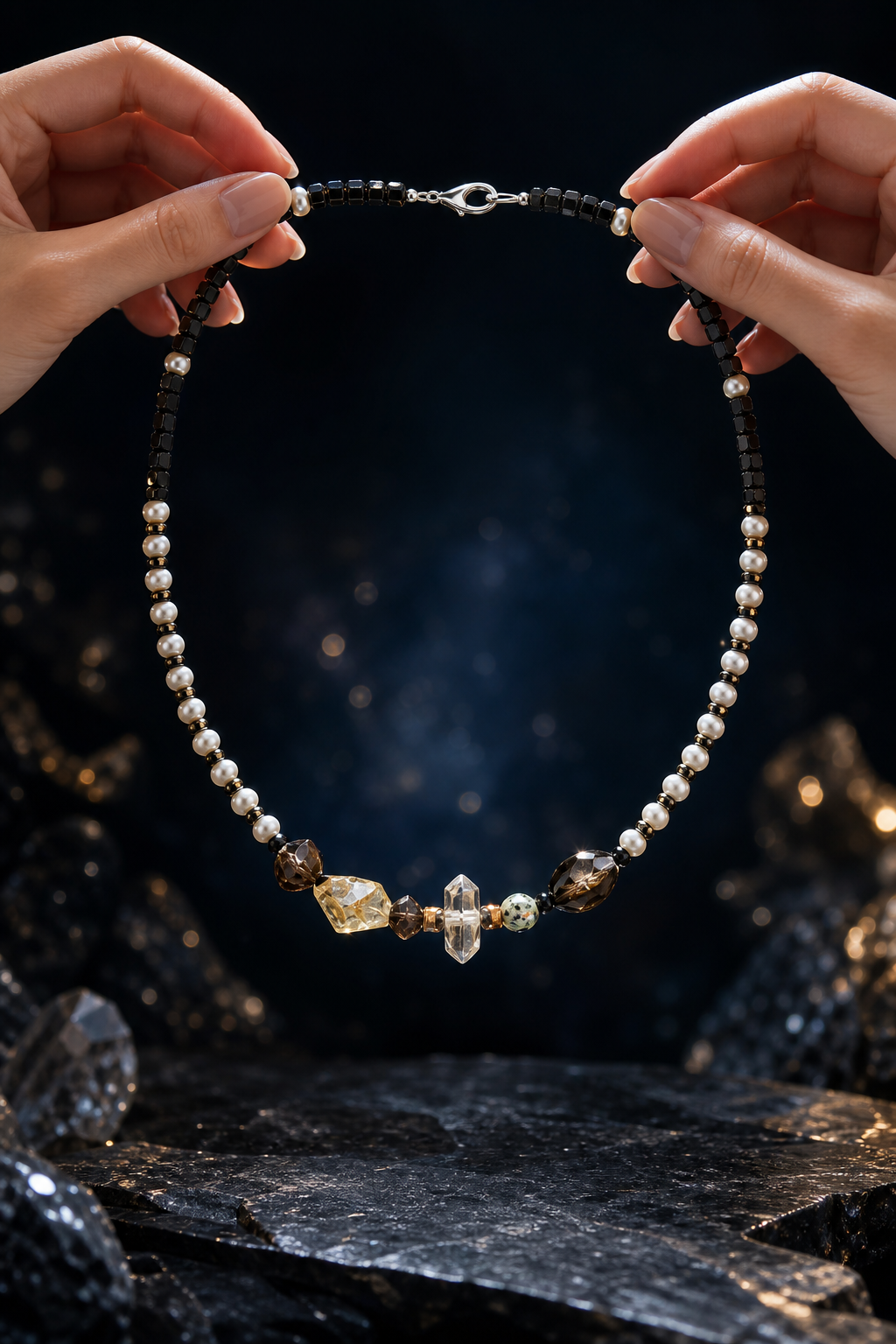 Smoked Moon Citrine Pearl Necklace shown in hand for scale