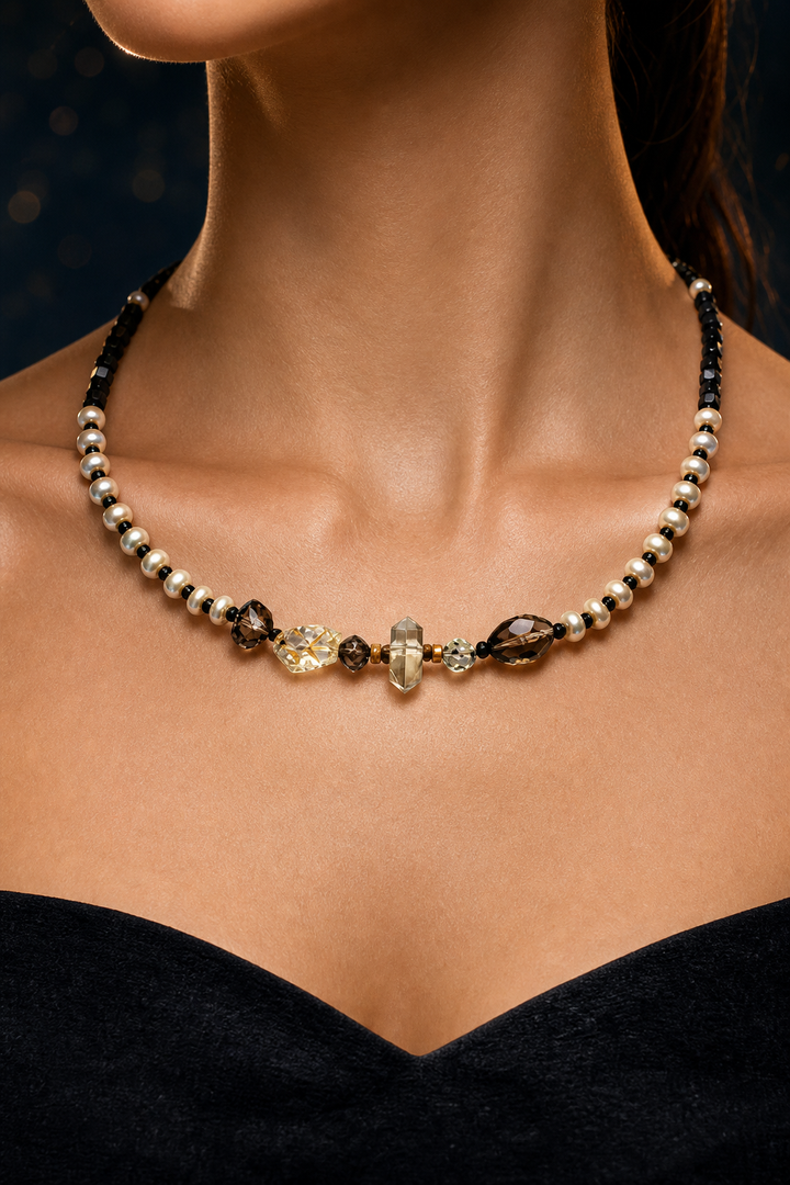 Smoked Moon Citrine Pearl Necklace faceless model close-up