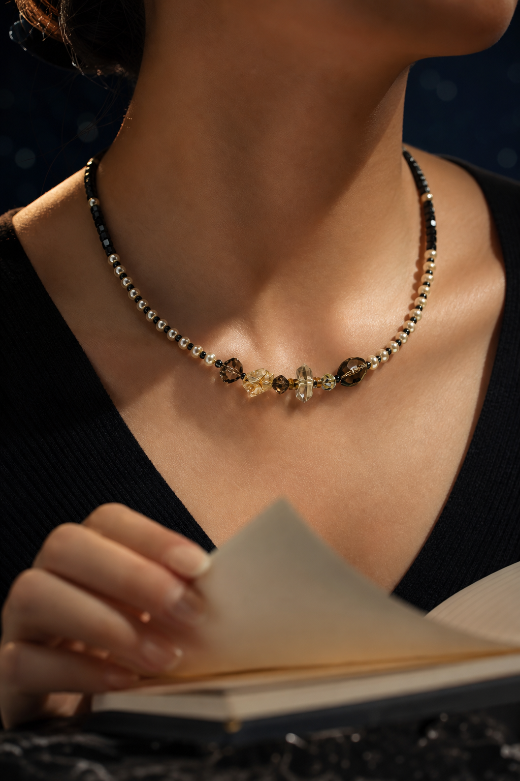 Smoked Moon Citrine Pearl Necklace lifestyle ritual context