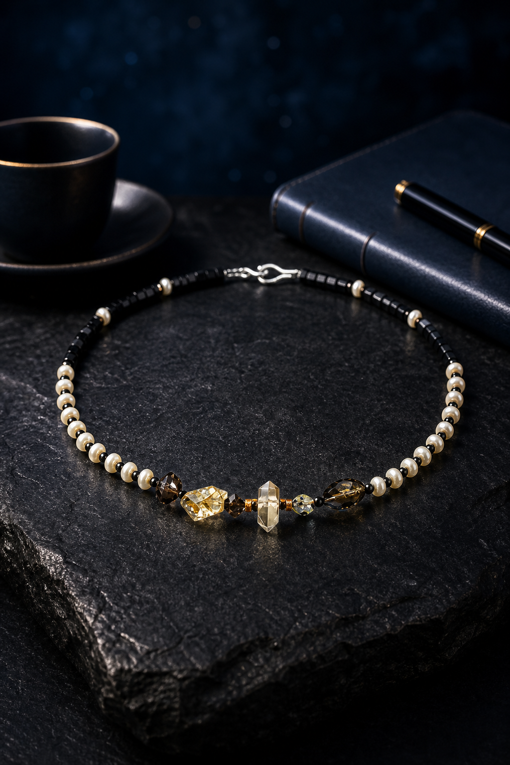 Smoked Moon Citrine Pearl Necklace styled for daily wear, travel, work desk ritual use