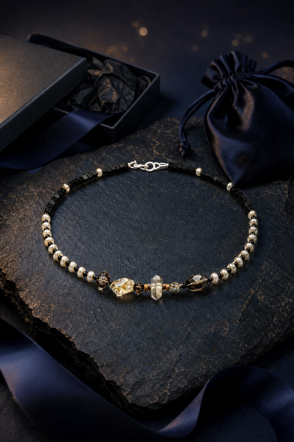Smoked Moon Citrine Pearl Necklace packaging flat lay