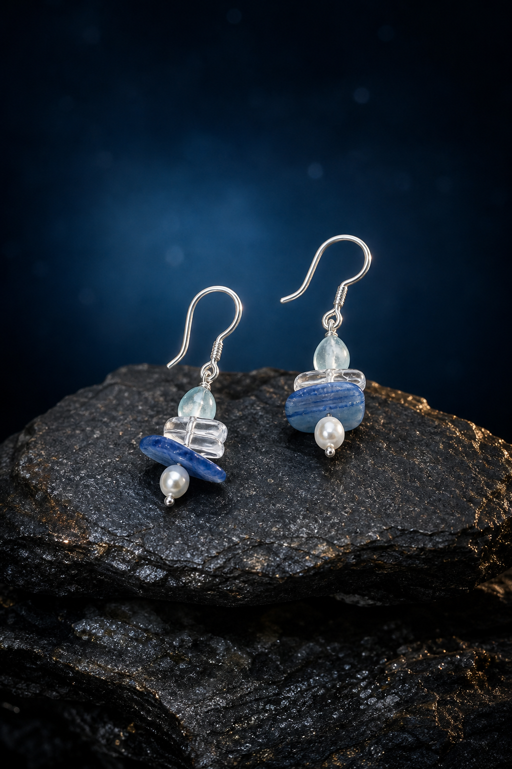 Snowglass Drift Earrings (4.3 cm) front view on a dark atmospheric backdrop