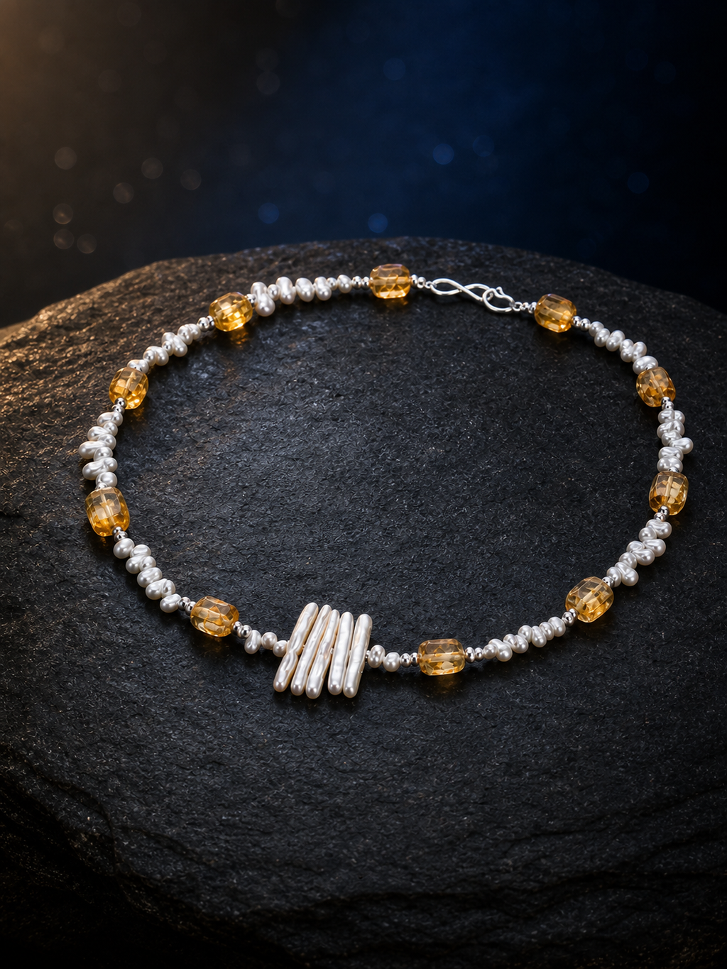 Solar Thread Citrine Pearl Necklace angled three-quarter product view