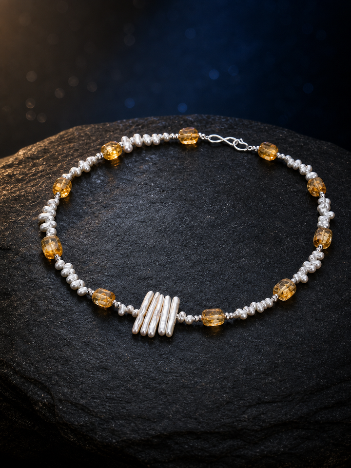 Solar Thread Citrine Pearl Necklace angled three-quarter product view