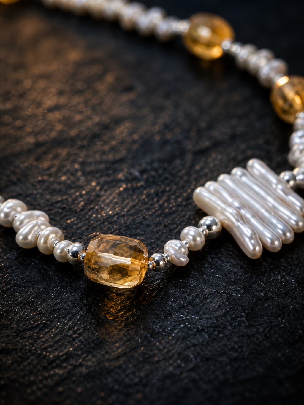 Solar Thread Citrine Pearl Necklace crystal texture close-up
