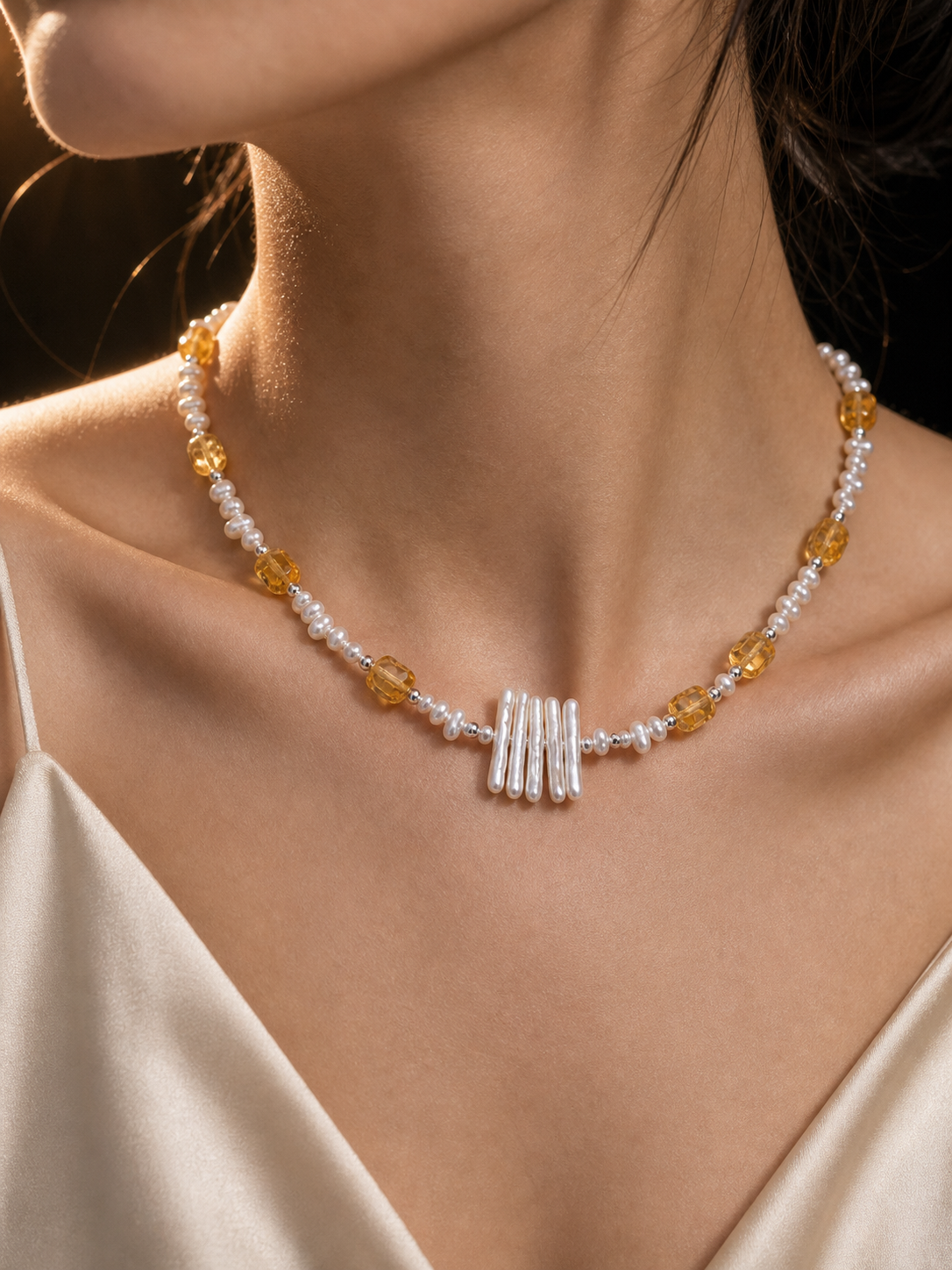 Solar Thread Citrine Pearl Necklace faceless model close-up