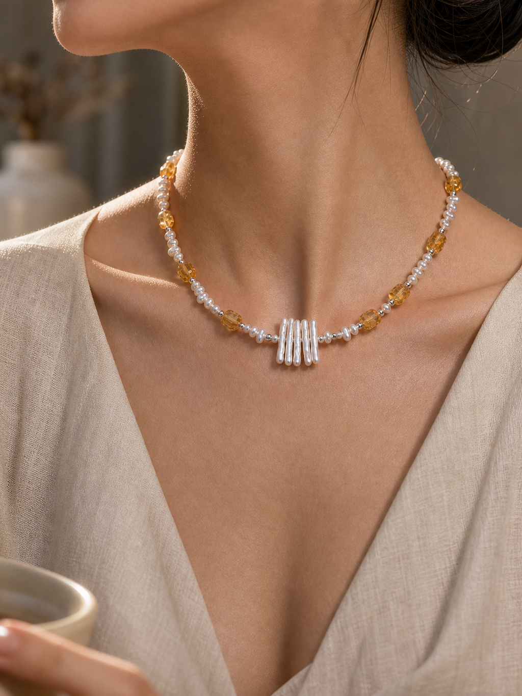 Solar Thread Citrine Pearl Necklace lifestyle ritual context