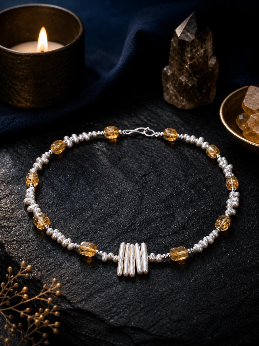 Solar Thread Citrine Pearl Necklace styled for daily wear, manifestation, work desk ritual use
