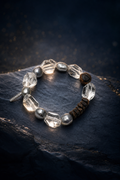 Stillwood Quartz Pearl Bracelet front view on a dark atmospheric backdrop