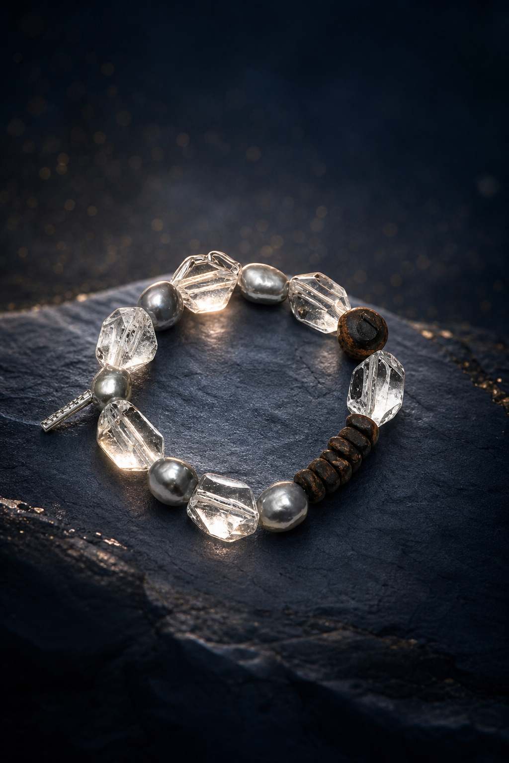 Stillwood Quartz Pearl Bracelet front view on a dark atmospheric backdrop