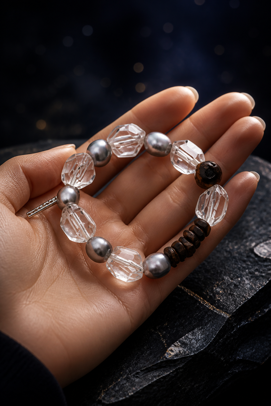 Stillwood Quartz Pearl Bracelet shown in hand for scale
