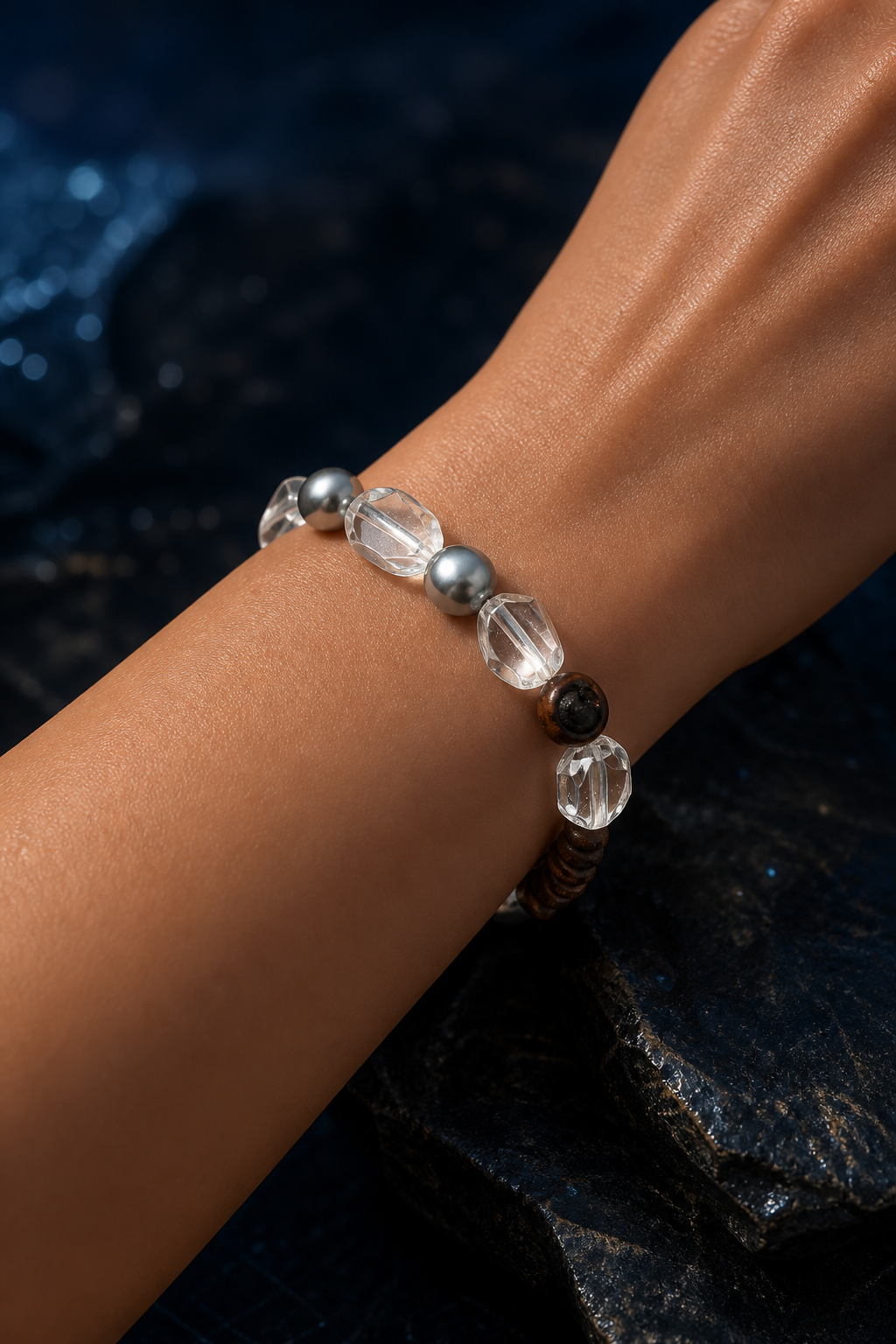 Stillwood Quartz Pearl Bracelet faceless model close-up