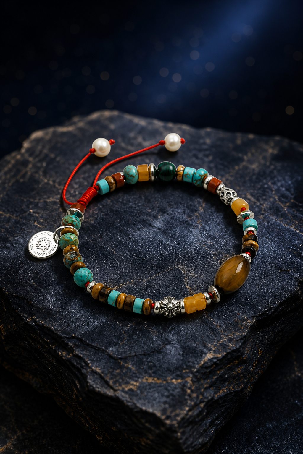 Sunmark Tiger's Eye Turquoise Bracelet front view on a dark atmospheric backdrop