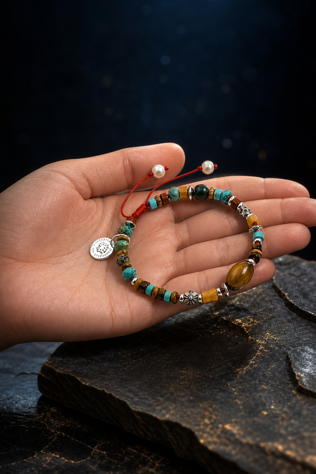 Sunmark Tiger's Eye Turquoise Bracelet shown in hand for scale