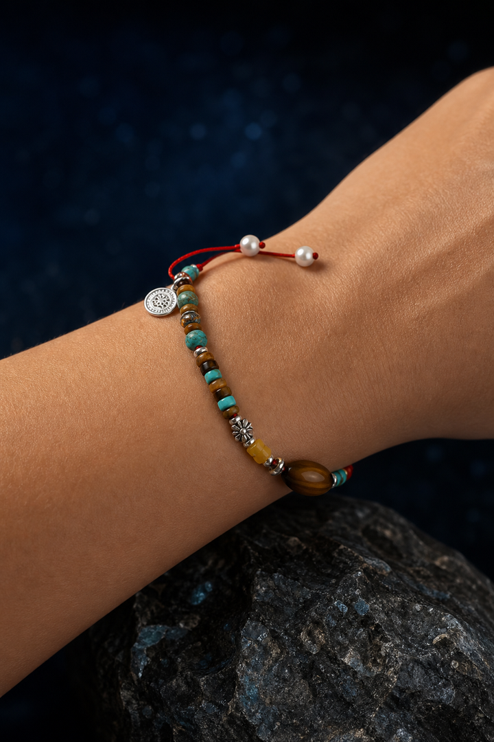 Sunmark Tiger's Eye Turquoise Bracelet faceless model close-up