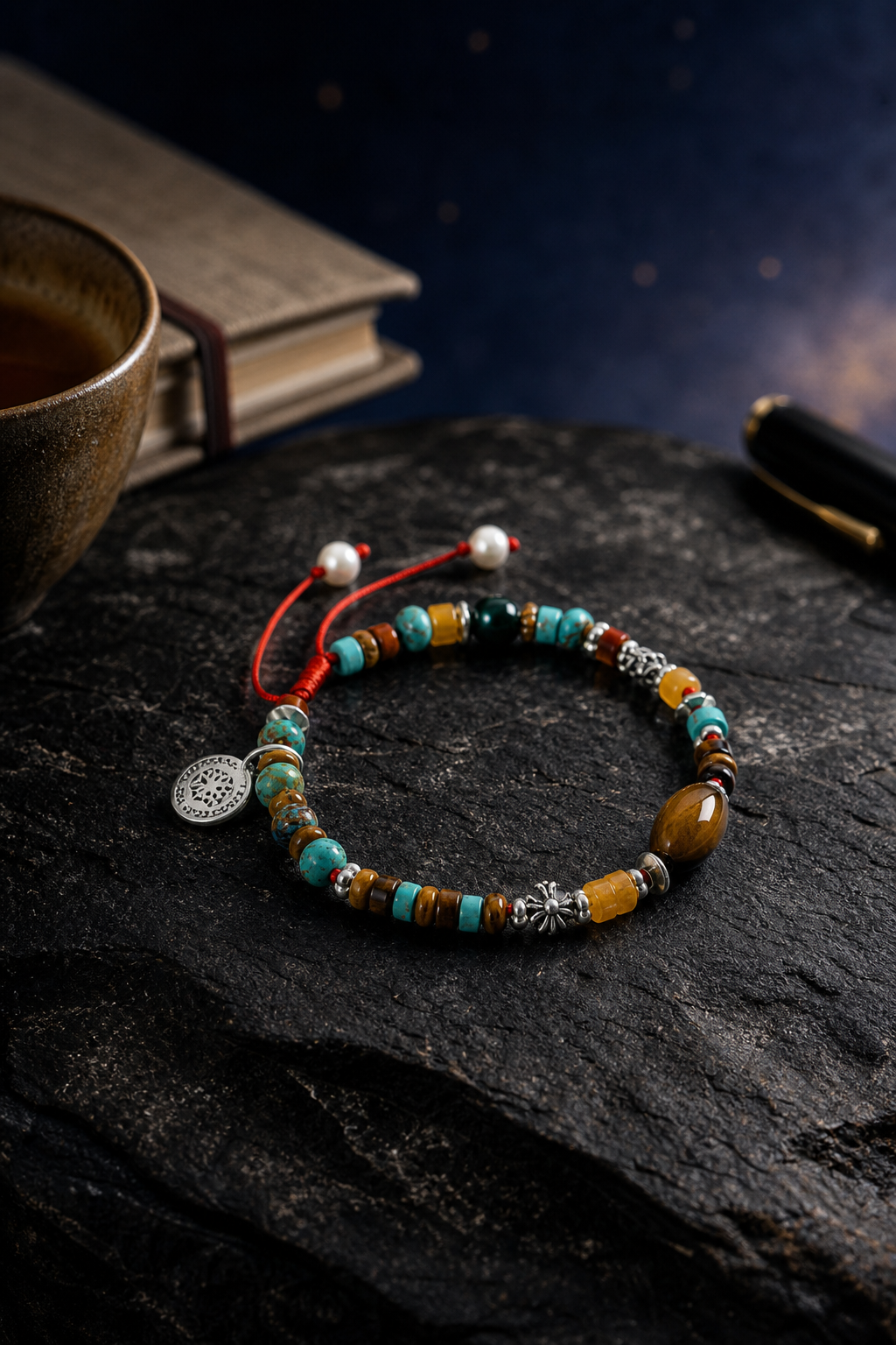 Sunmark Tiger's Eye Turquoise Bracelet styled for daily wear, travel, work desk ritual use