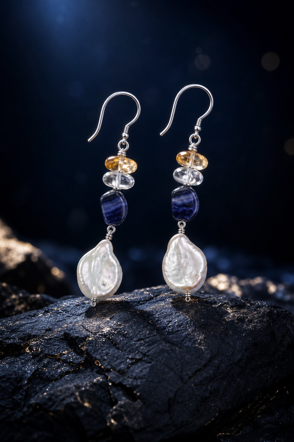 Tideglass Citrine Pearl Earrings (5.5 cm) front view on a dark atmospheric backdrop