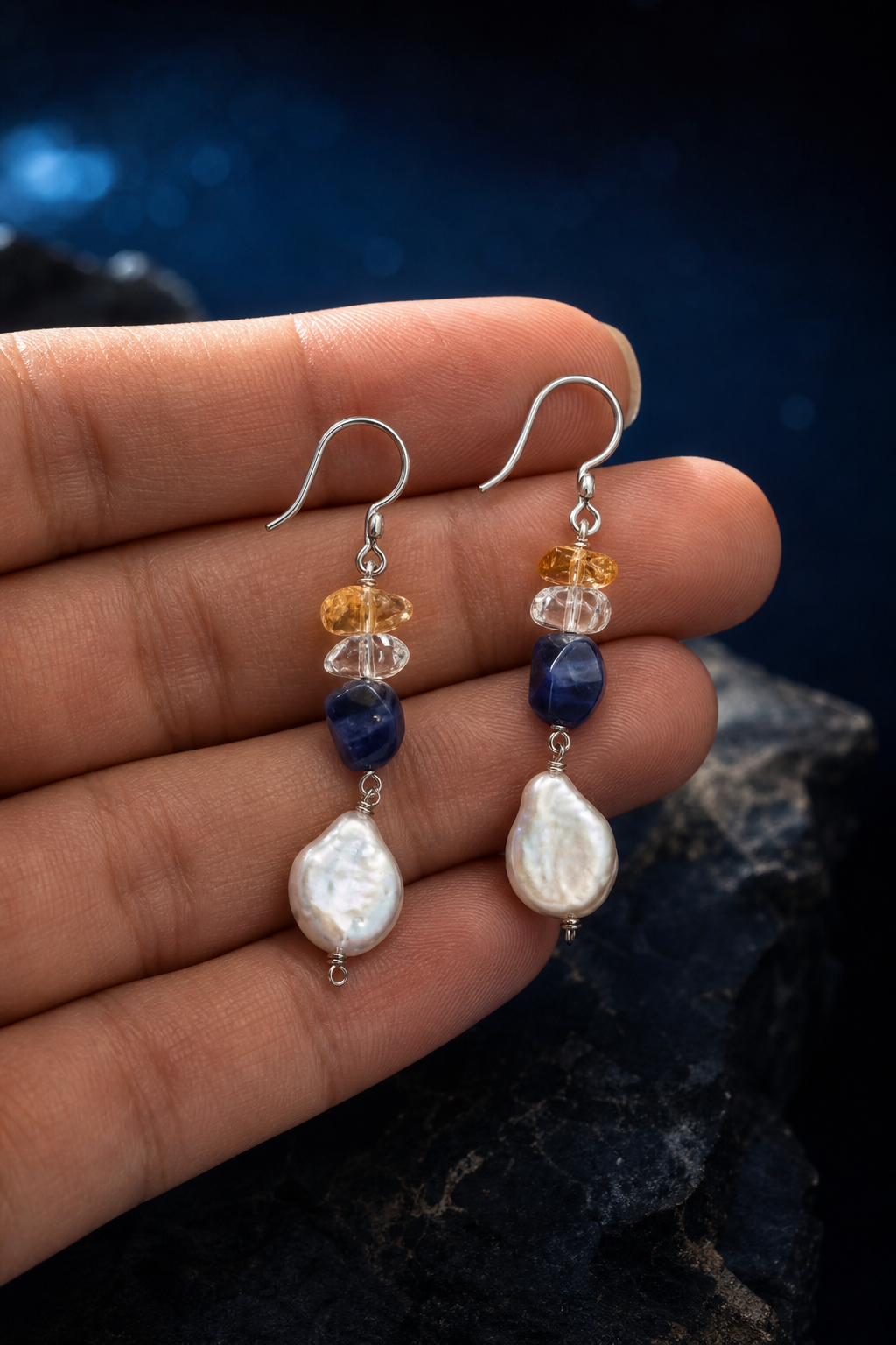Tideglass Citrine Pearl Earrings (5.5 cm) shown in hand for scale