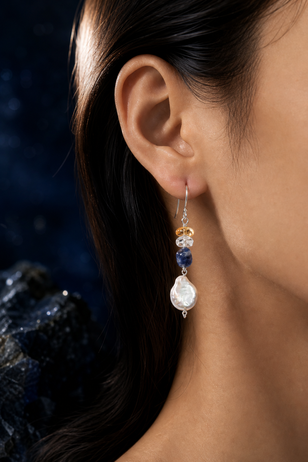 Tideglass Citrine Pearl Earrings (5.5 cm) faceless model close-up