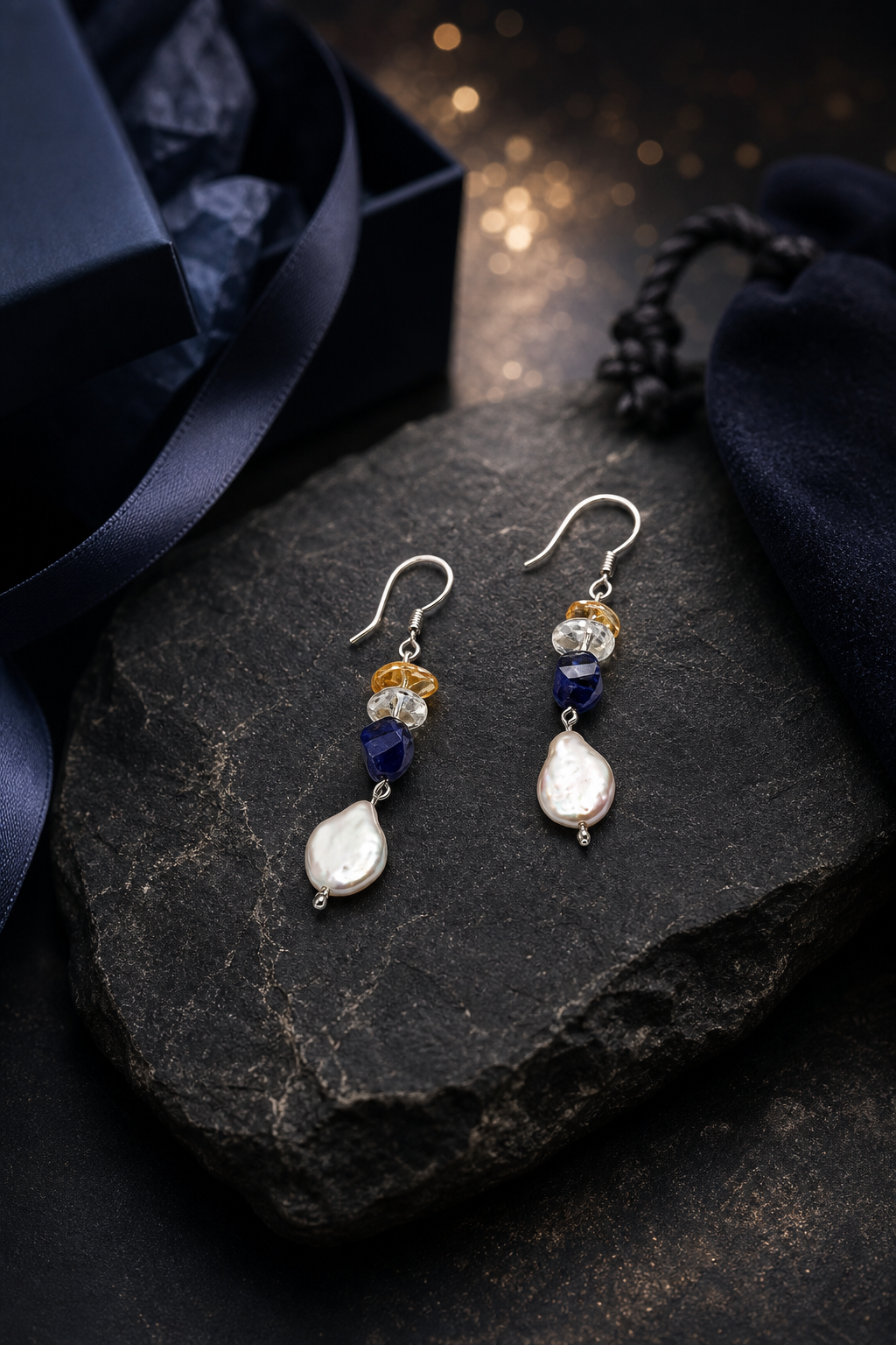 Tideglass Citrine Pearl Earrings (5.5 cm) packaging flat lay