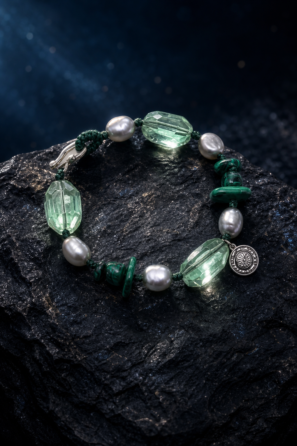 Verdant Echo Malachite Bracelet front view on a dark atmospheric backdrop