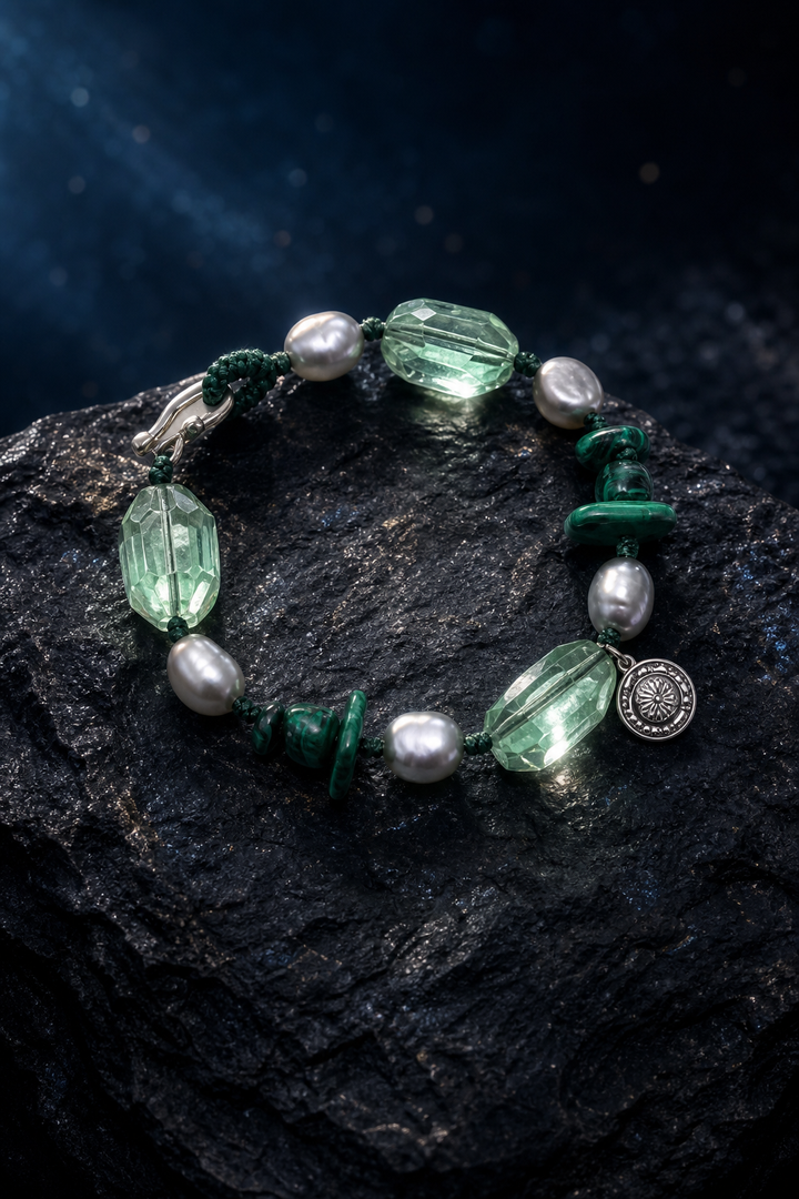 Verdant Echo Malachite Bracelet front view on a dark atmospheric backdrop