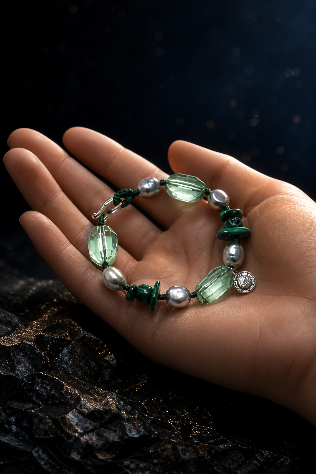 Verdant Echo Malachite Bracelet shown in hand for scale