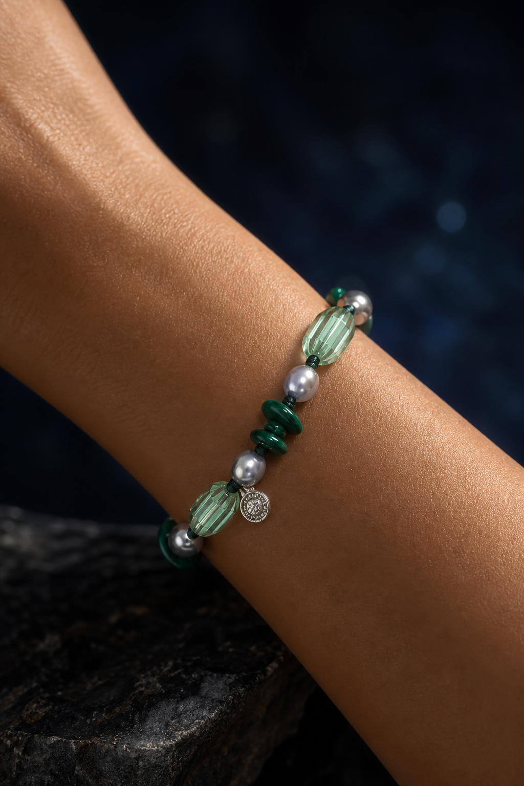 Verdant Echo Malachite Bracelet faceless model close-up