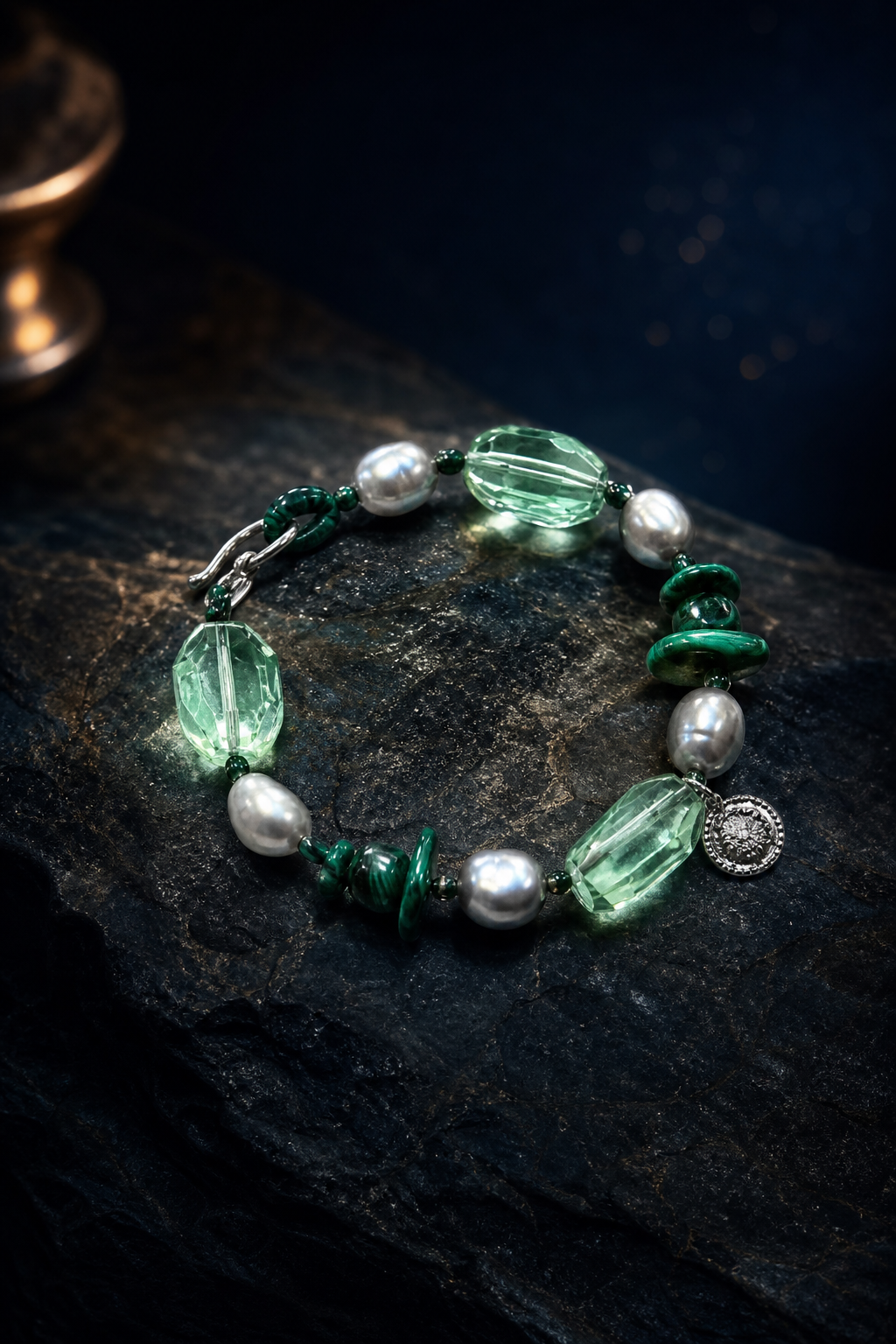 Verdant Echo Malachite Bracelet styled for daily wear, work desk, travel ritual use