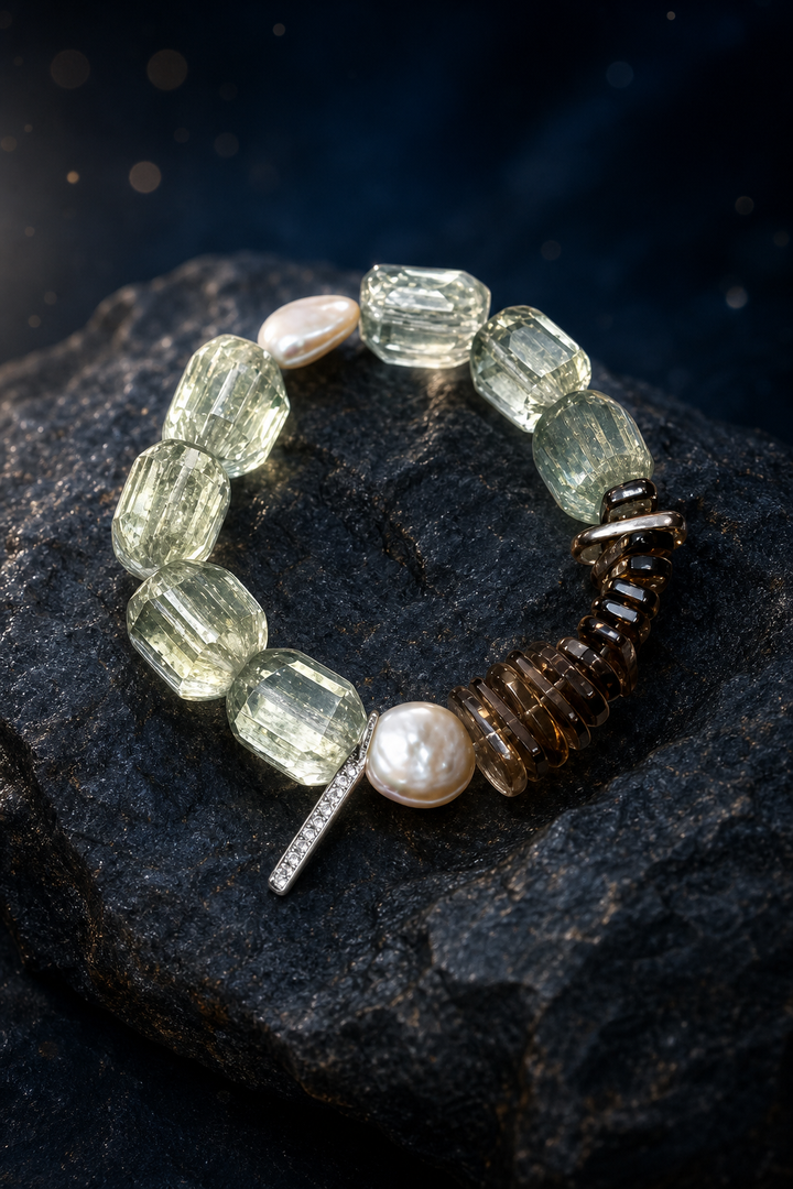 Verdant Ember Crystal Pearl Bracelet angled three-quarter product view