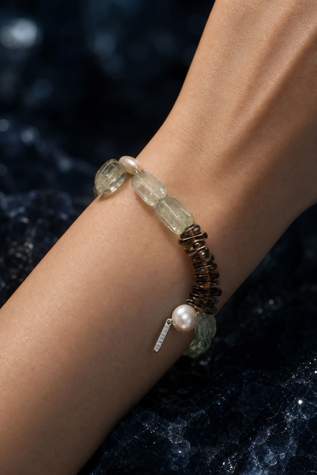 Verdant Ember Crystal Pearl Bracelet faceless model close-up