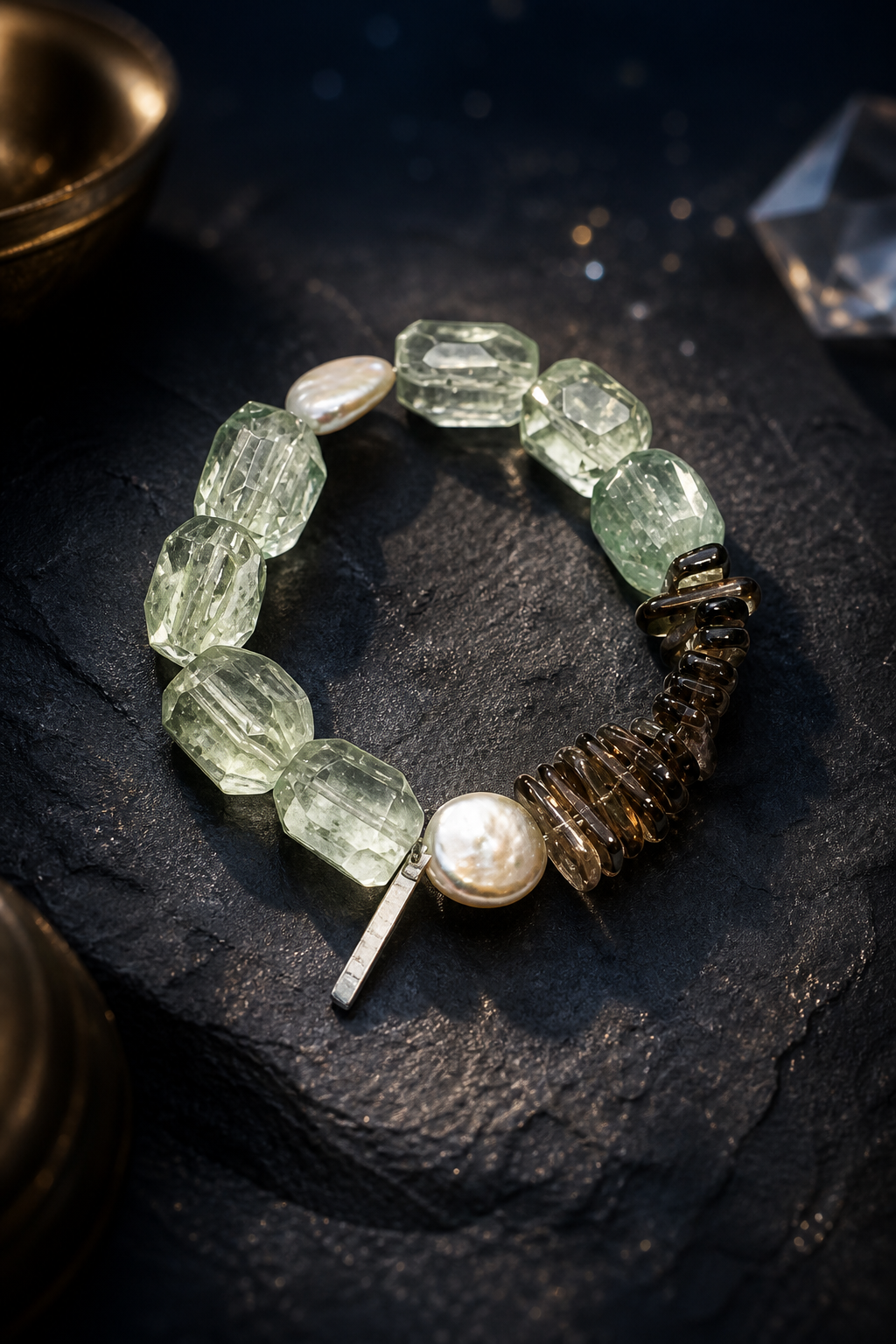 Verdant Ember Crystal Pearl Bracelet styled for daily wear, meditation, work desk ritual use