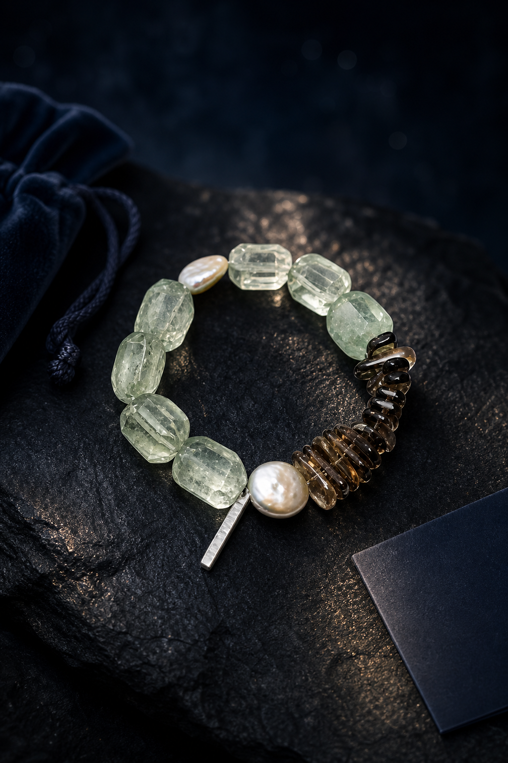 Verdant Ember Crystal Pearl Bracelet packaging flat lay