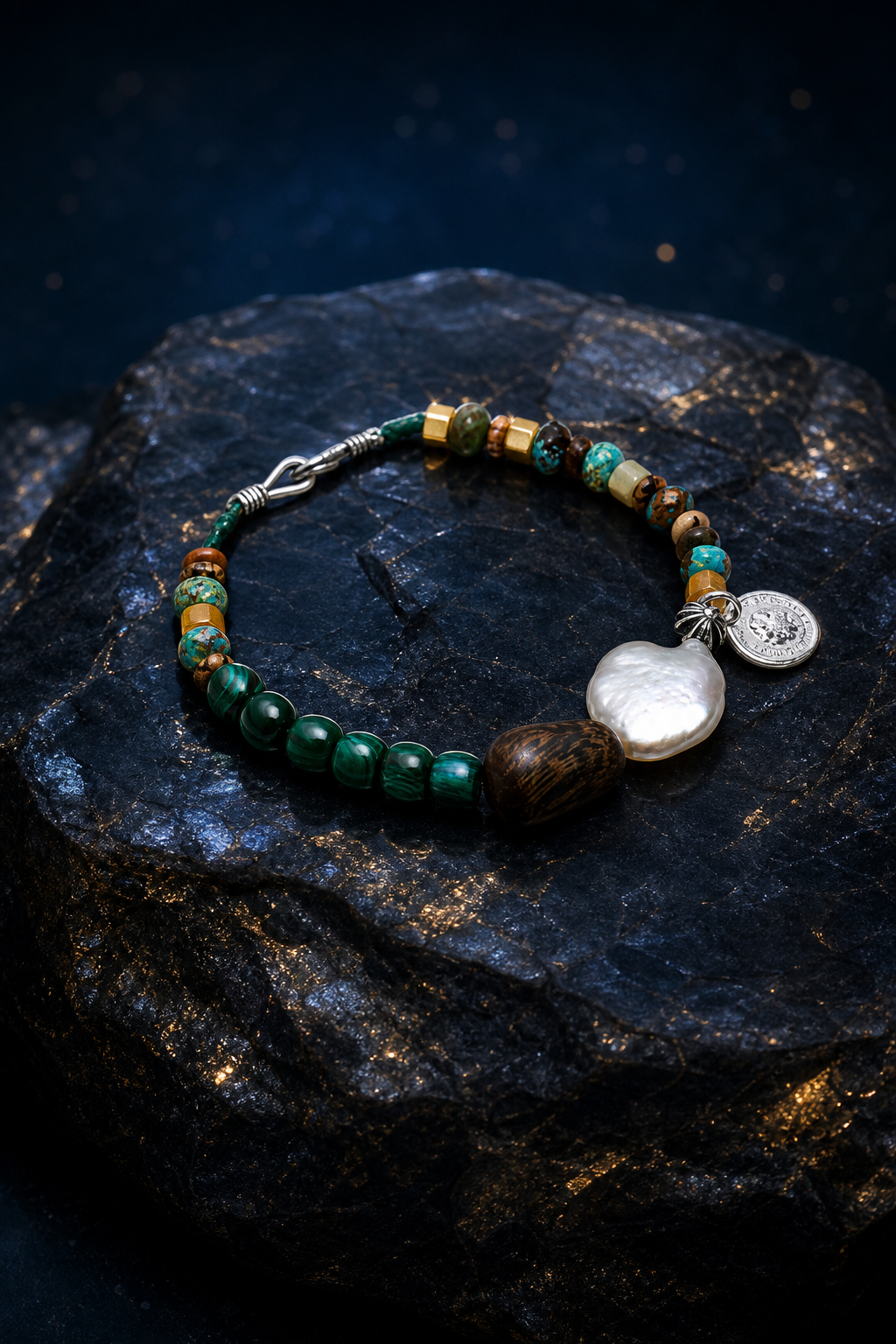 Verdant Lark Malachite Pearl Bracelet angled three-quarter product view