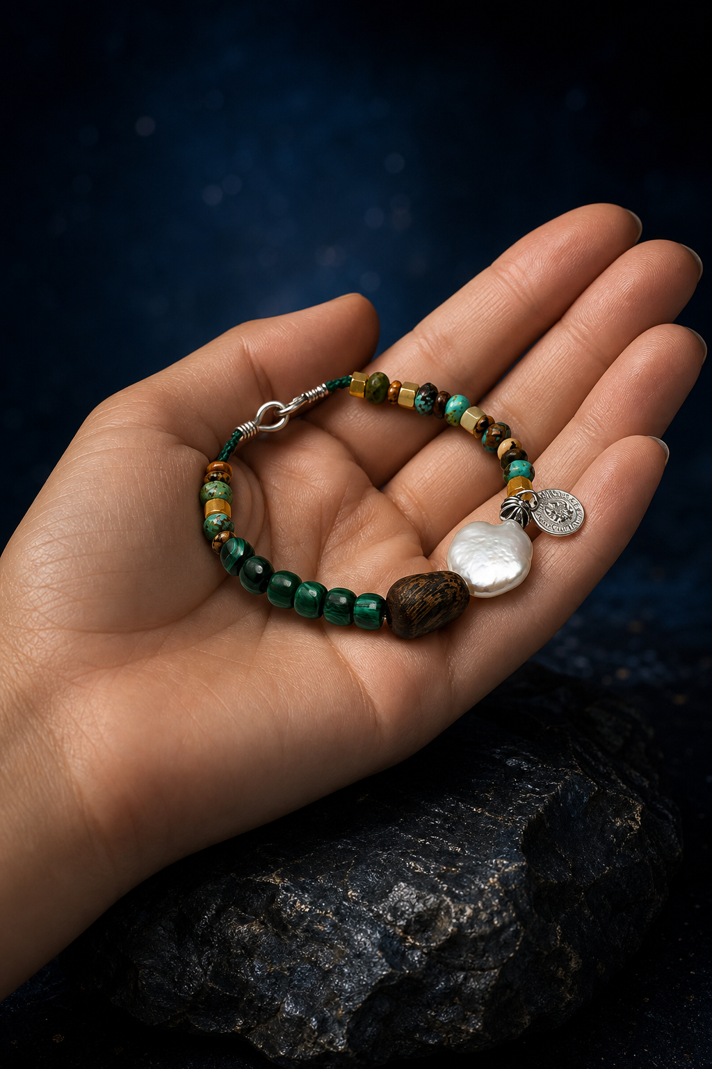 Verdant Lark Malachite Pearl Bracelet shown in hand for scale