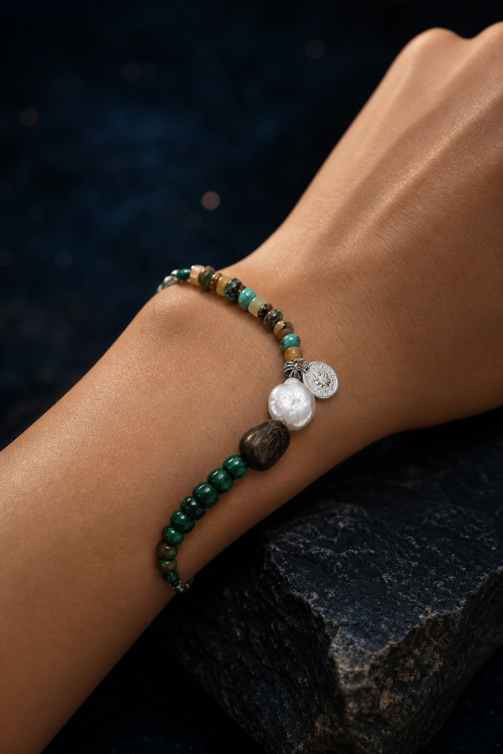 Verdant Lark Malachite Pearl Bracelet faceless model close-up