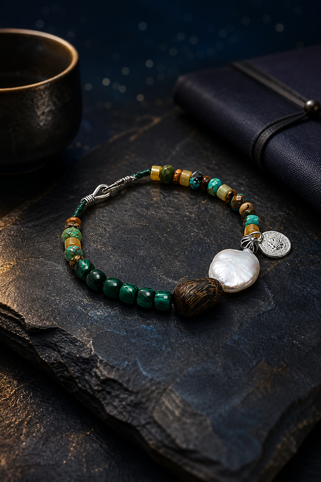 Verdant Lark Malachite Pearl Bracelet styled for daily wear, meditation, work desk ritual use
