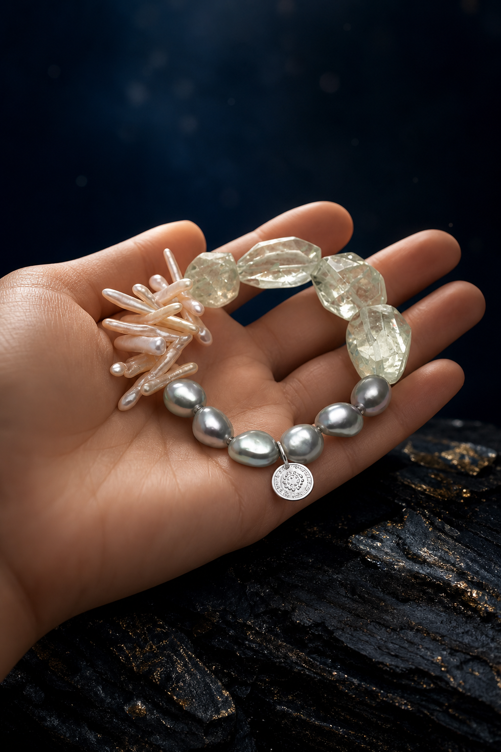 Verdant Rain Gem Bracelet shown in hand for scale