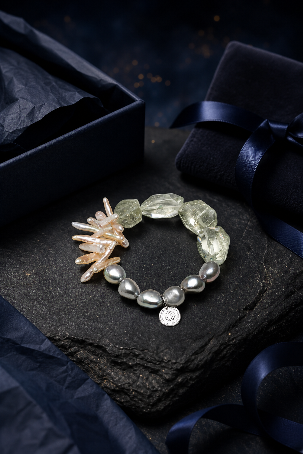 Verdant Rain Gem Bracelet packaging flat lay