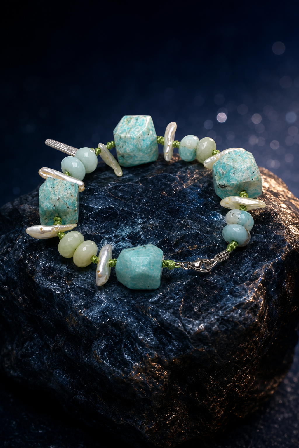 Verdant Rain Malachite Pearl Bracelet angled three-quarter product view