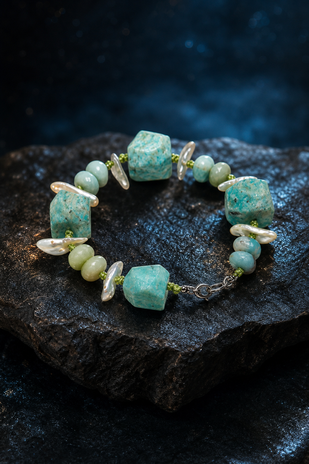 Verdant Rain Malachite Pearl Bracelet side or closure detail