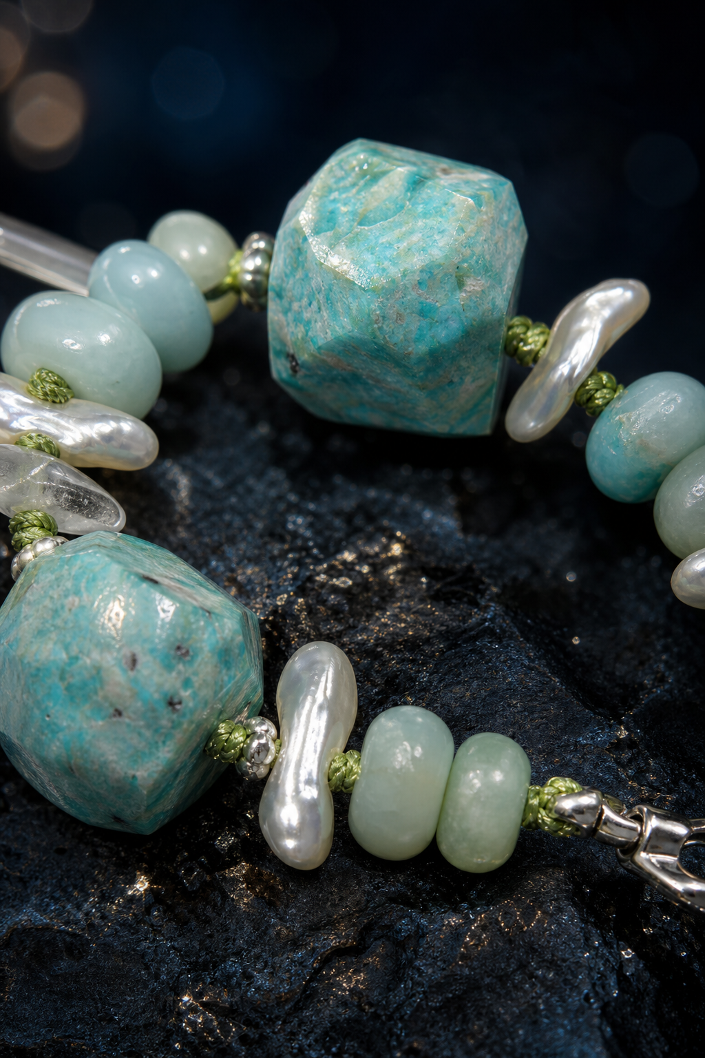 Verdant Rain Malachite Pearl Bracelet crystal texture close-up