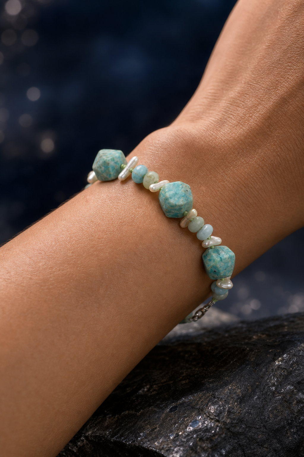 Verdant Rain Malachite Pearl Bracelet faceless model close-up