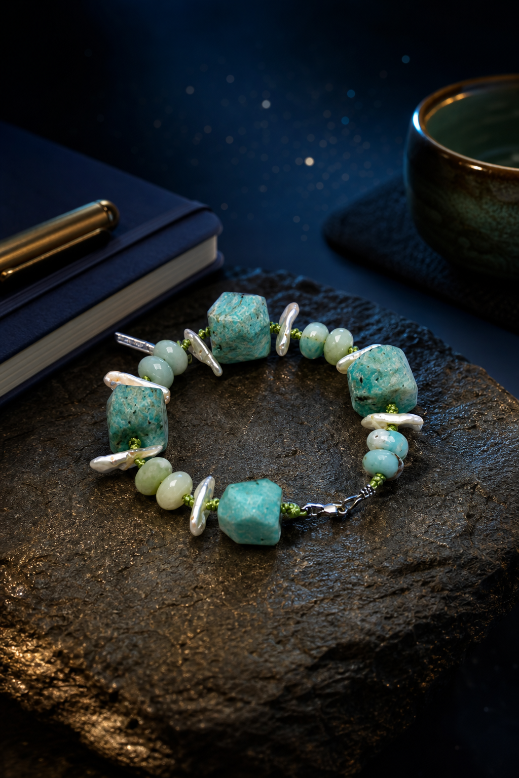Verdant Rain Malachite Pearl Bracelet styled for daily wear, travel, work desk ritual use