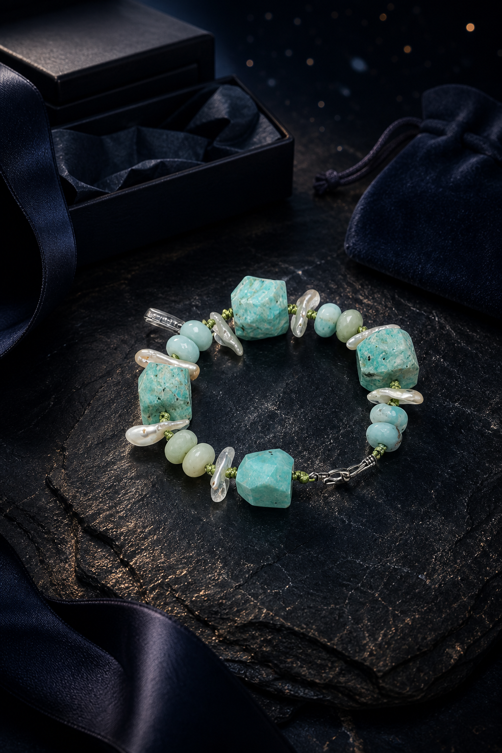 Verdant Rain Malachite Pearl Bracelet packaging flat lay