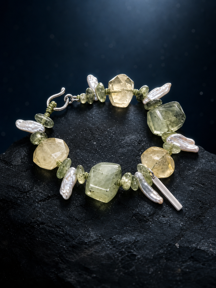 Verde Current Prehnite Citrine Bracelet front view on a dark atmospheric backdrop