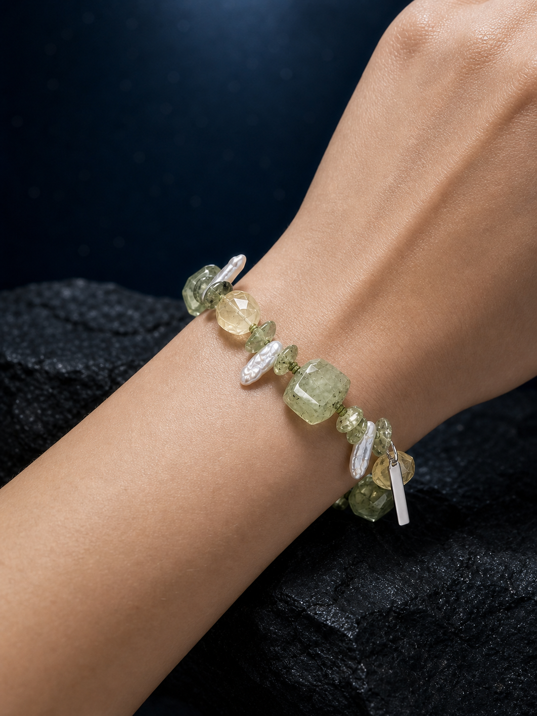 Verde Current Prehnite Citrine Bracelet faceless model close-up