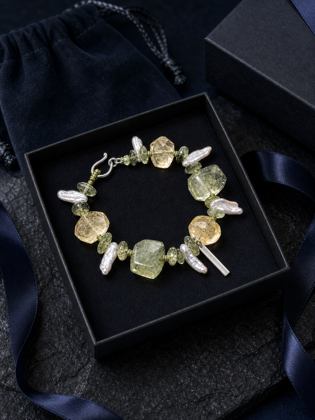 Verde Current Prehnite Citrine Bracelet packaging flat lay