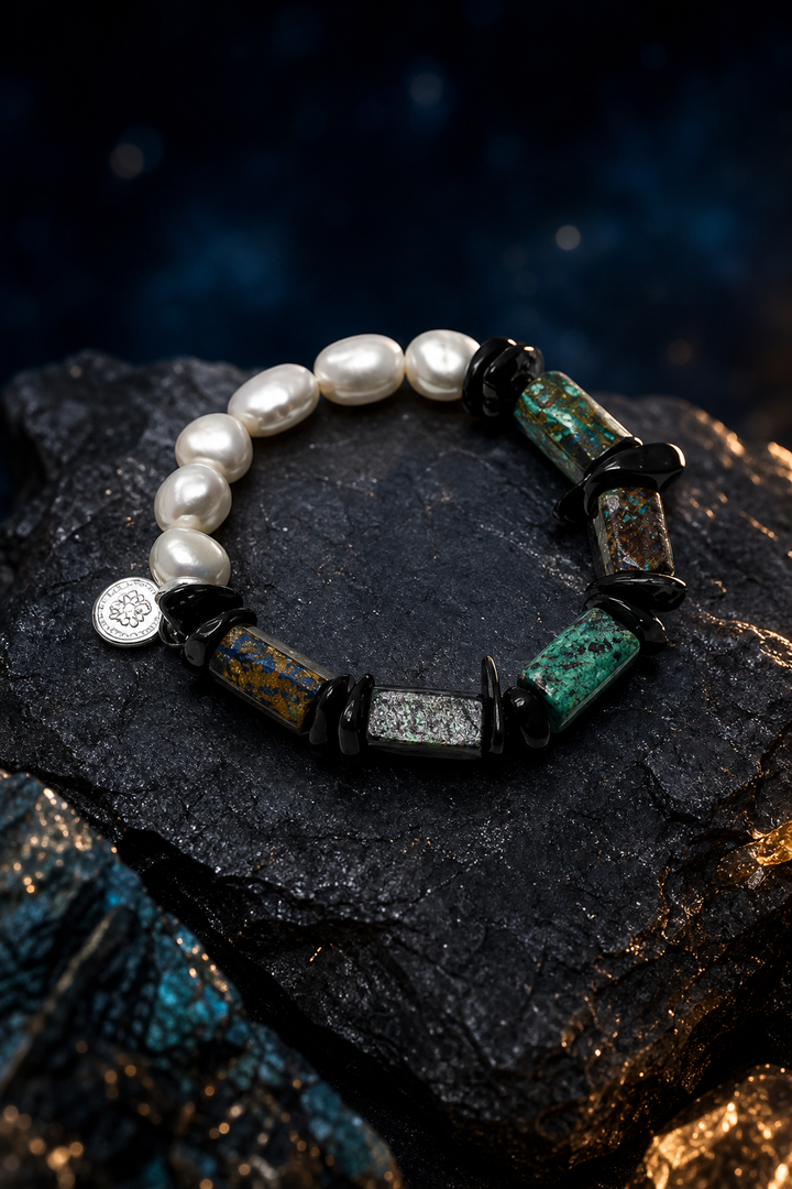 Verdigris Ore Pearl Bracelet front view on a dark atmospheric backdrop